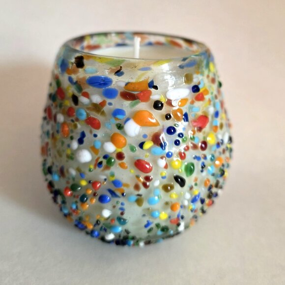 Mexican Glass Jar Pebbled Multi-colored Soy Wax Candle -Light Sandalwood Scent - Picture 1 of 3